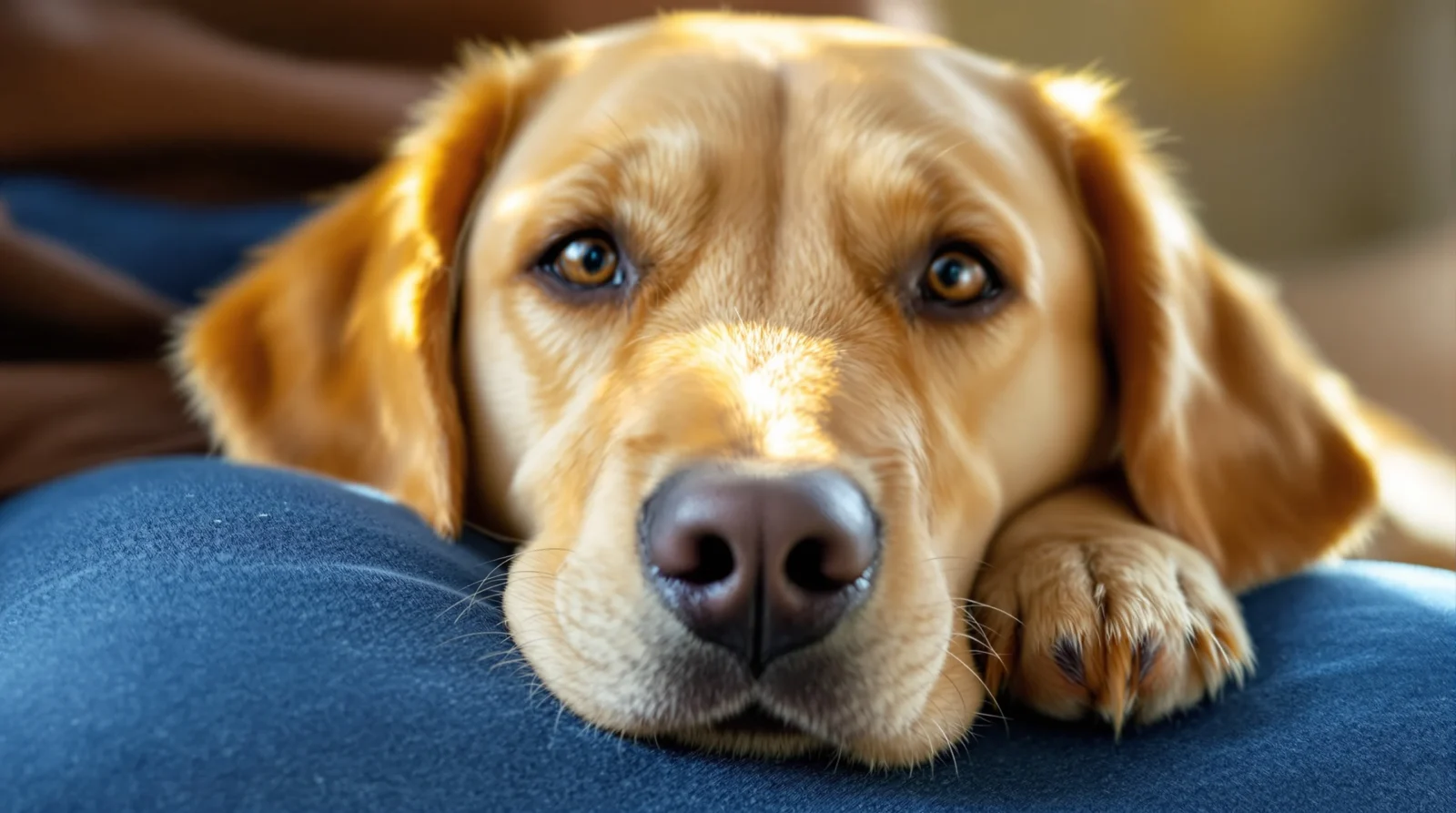 Golden Labrador resting contentedly on person's lap whilst sitting on sofa.