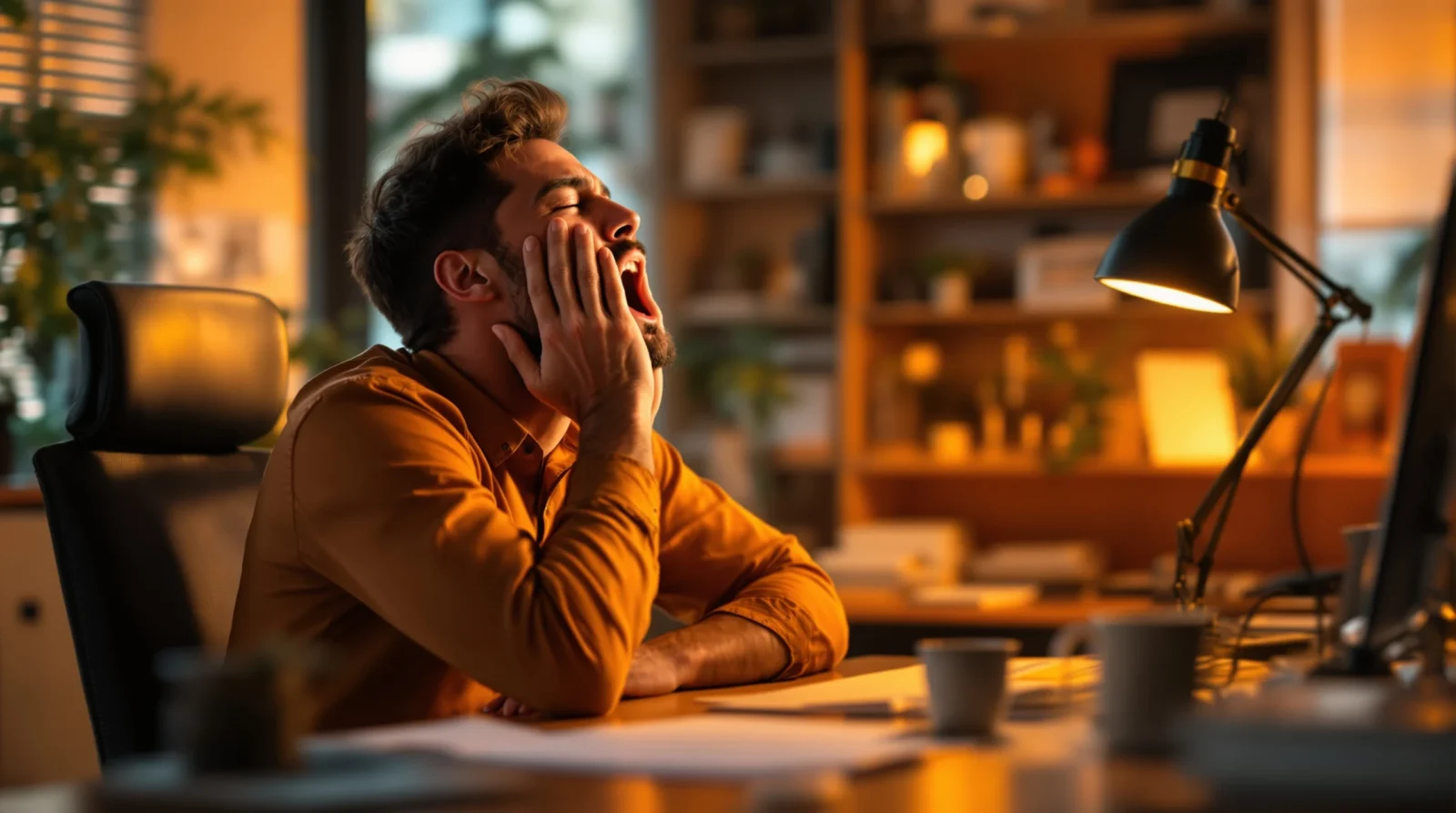 An Image Of A Man Yawning At A Desk