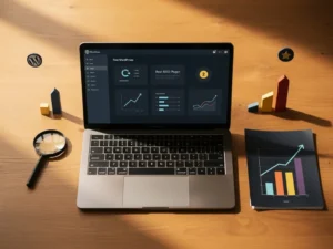 Laptop displaying WordPress dashboard with SEO plugin surrounded by office items and charts on wooden desk.